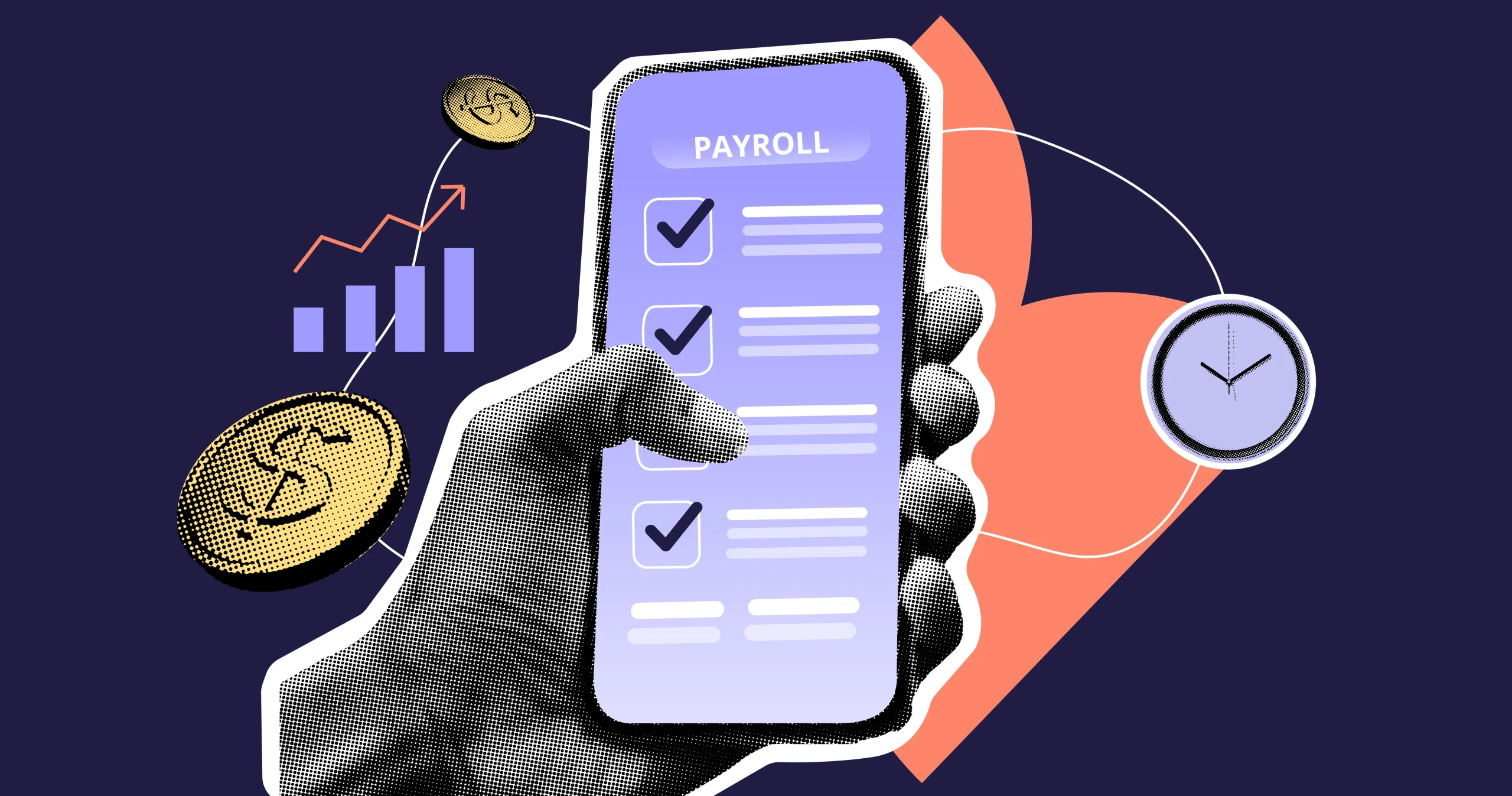Illustration of a hand holding a smartphone displaying a payroll checklist, surrounded by icons representing money, time, and growth charts, symbolizing financial management and payroll automation.