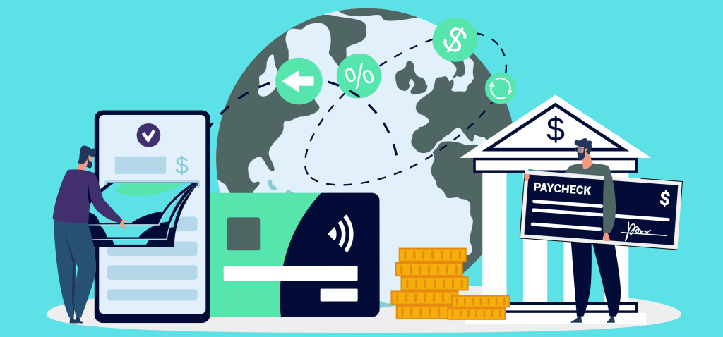 Illustration representing a Global Payroll and HR solutions, showing digital payments, international money transfer symbols, a globe, a mobile device, a credit card, and a person holding a paycheck near a bank, symbolizing global employee compensation and payroll processing.