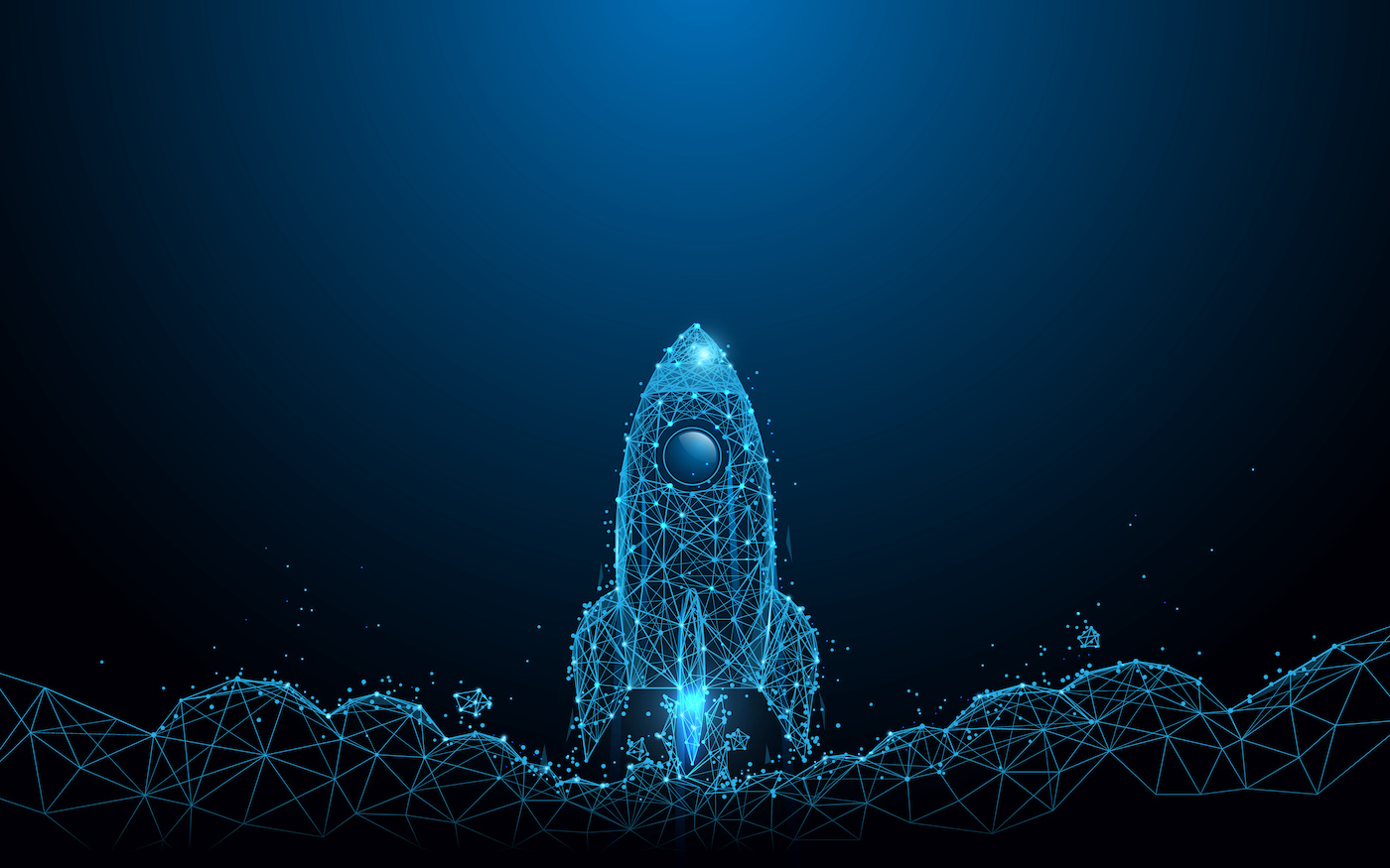 Digital wireframe rocket launch illustration symbolizing business growth and innovation, representing the Best HR software for startups in Pakistan.