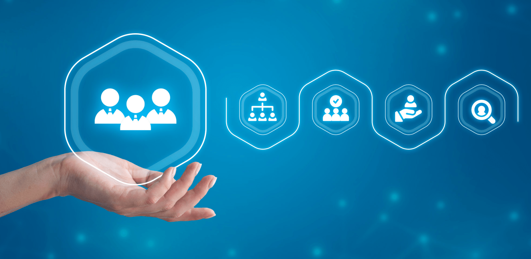 Visual representation of HR and payroll software in Pakistan featuring icons for employee management, organizational structure, recruitment, and workforce analytics on a digital interface.