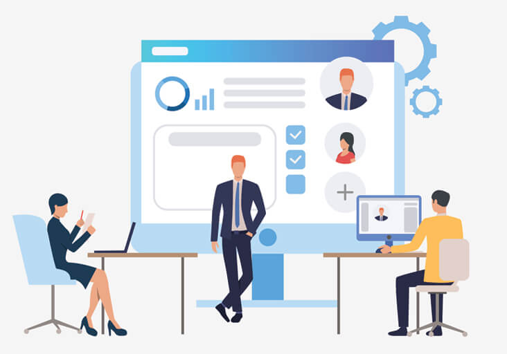 Illustration of professionals using payroll software in Pakistan, featuring a large screen with employee profiles, analytics, and task checklists.