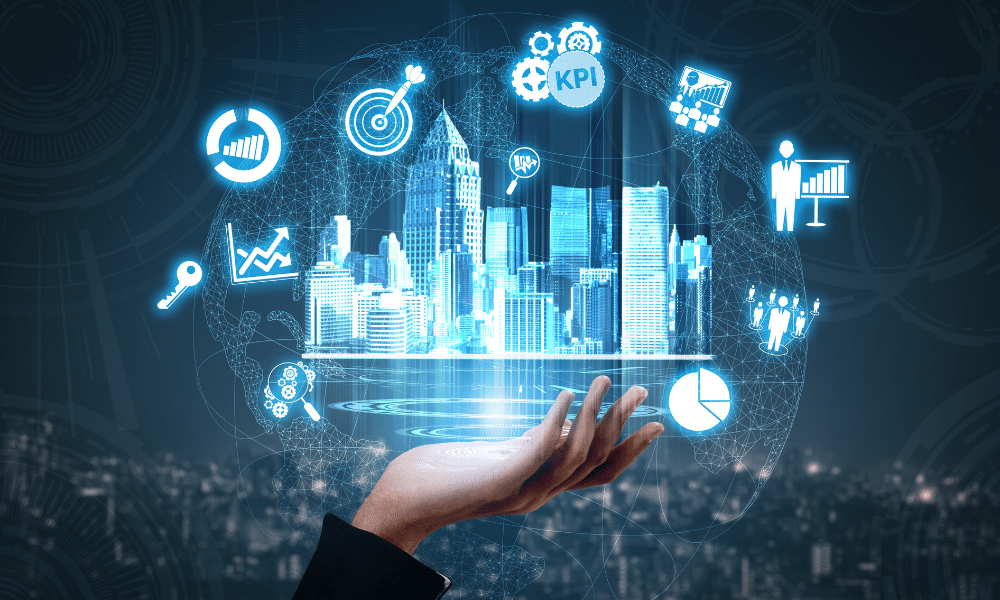 A digital illustration representing Performance Management Software, featuring a futuristic cityscape above a businessperson's hand, surrounded by virtual icons such as KPI, target, charts, graphs, and analytics tools—symbolizing data-driven performance tracking and organizational growth.