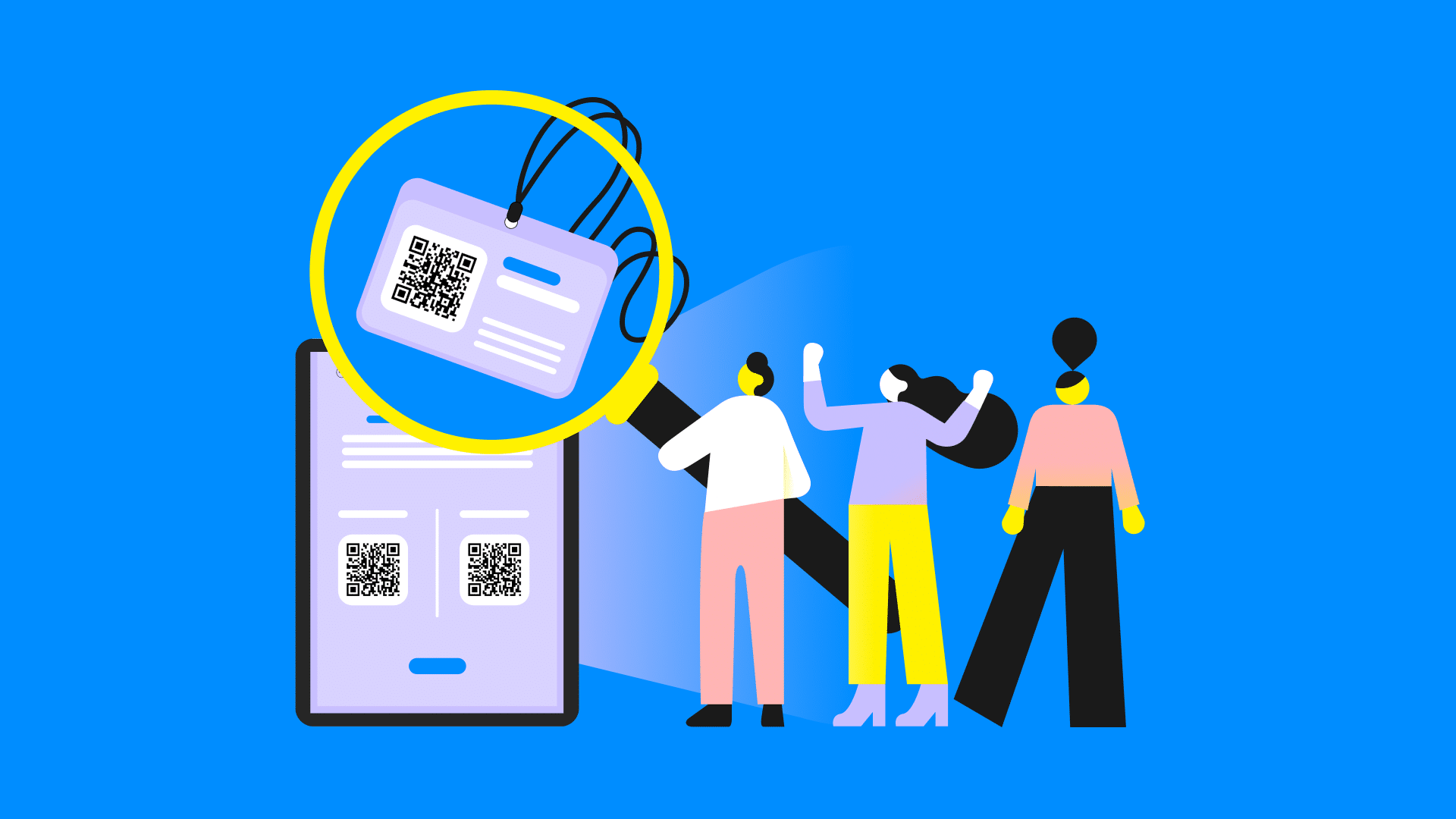 Illustration showing people using digital ID cards with QR codes, representing the features of modern Attendance Tracking Software for efficient workforce management.