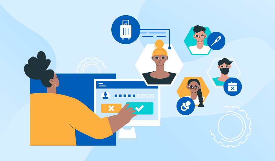 Illustration depicting a Leave Management System, where an employee interacts with a digital interface to manage leave requests, approvals, and team schedules, with visual icons representing staff, calendar, communication, and health-related leave types.