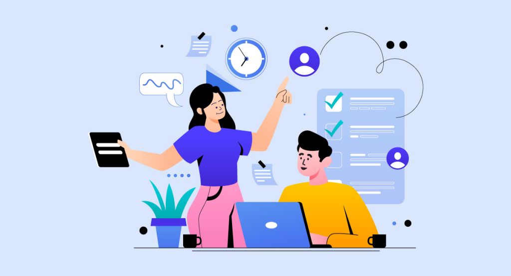 "Two professionals collaborating on Top 5 Cloud-Based HCM solutions, with woman pointing at digital HR management icons including time tracking, employee profiles, task management, and cloud-based data systems displayed around them