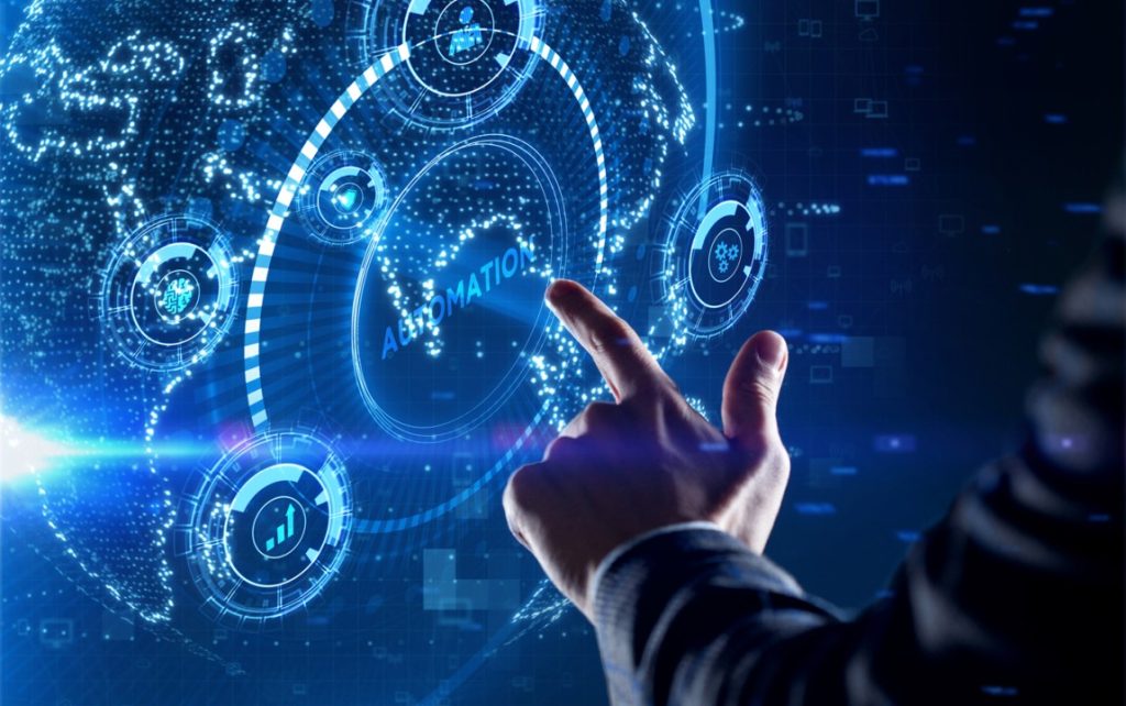 Digital HR transformation Pakistan concept showing hand interacting with automation hologram interface, representing AI payroll software, cloud HR systems, and automated workforce management solutions