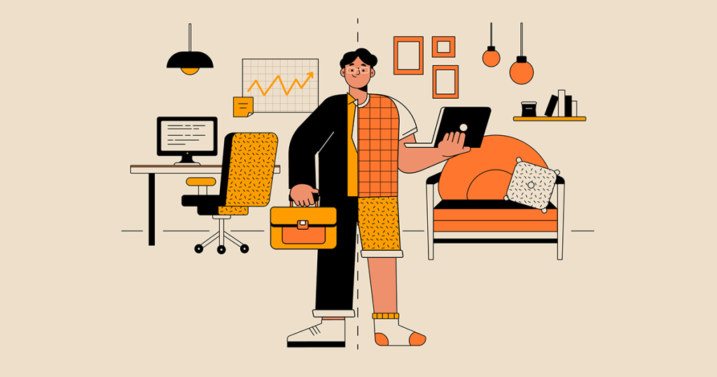 Hybrid work HR system Pakistan illustration showing employee working from office and home, representing cloud HR solutions and remote workforce management technology