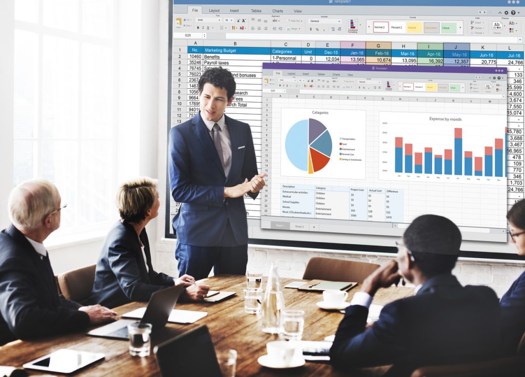 AI payroll software Pakistan dashboard presentation showing HR analytics and payroll data visualization in business meeting, representing smart payroll solutions and cloud-based workforce management technology