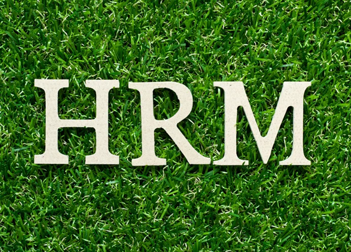 The word HRM on green grass symbolizing Eco-Friendly HR Software Pakistan and sustainable human resource management practices.
