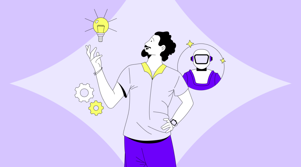 Professional exploring HR innovations with AI technology, lightbulb idea, and automation gears representing modern workplace transformation in 2025