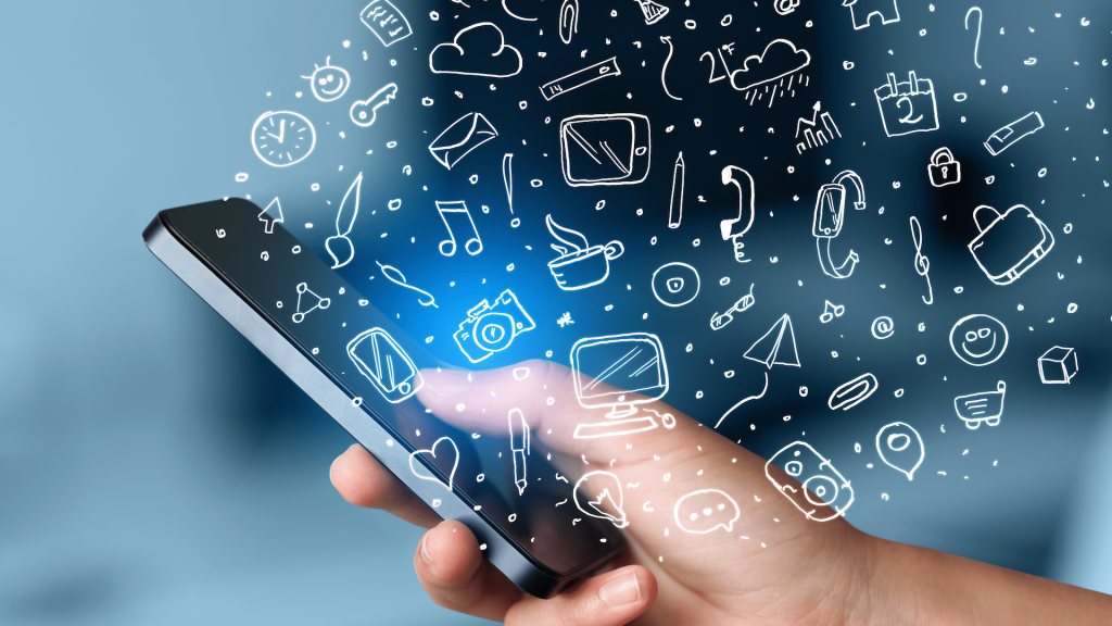 Mobile HR technology Pakistan visualization with smartphone displaying various HR features including attendance, payroll, leave management, expense tracking, employee service, and analytics icons emerging from device, symbolizing mobile-first HR platform accessibility
