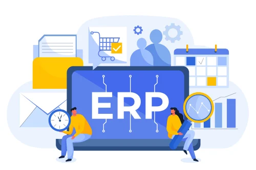Illustration representing Payroll ERP Integration Pakistan, showing employees managing data, analytics, and time tracking around an ERP system on a laptop screen.