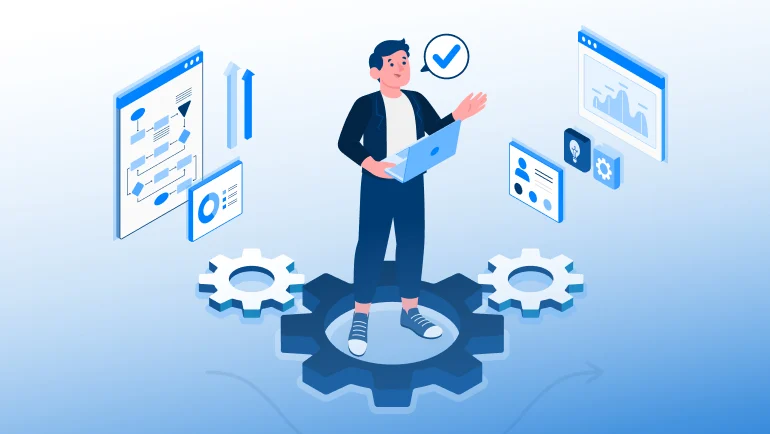 Illustration of a professional using a laptop surrounded by charts, analytics, and gear icons, representing Best Cloud-Based Payroll Software for SMEs in Pakistan and efficient business automation through digital payroll solutions.