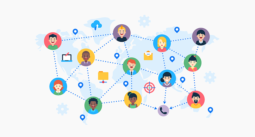Illustration showing people connected through a digital network across a world map, representing communication, collaboration, and teamwork — concept of Managing Remote Teams in Pakistan with icons for email, chat, cloud, and files.