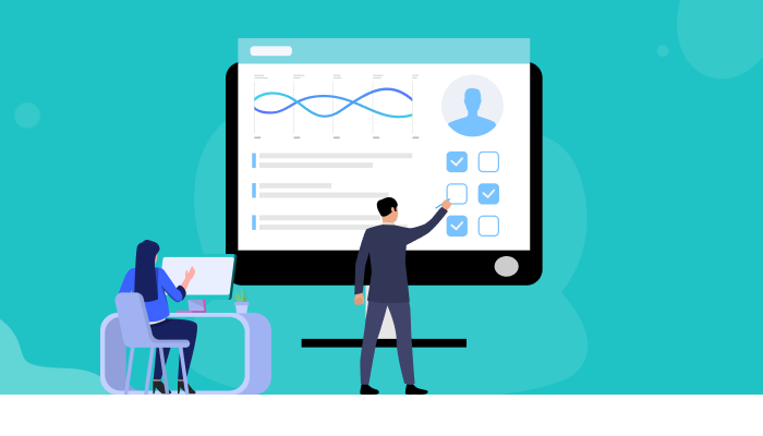 Illustration of professionals analyzing data and managing employee profiles on a large digital screen — concept for HRMS Software Pricing Comparison Pakistan.