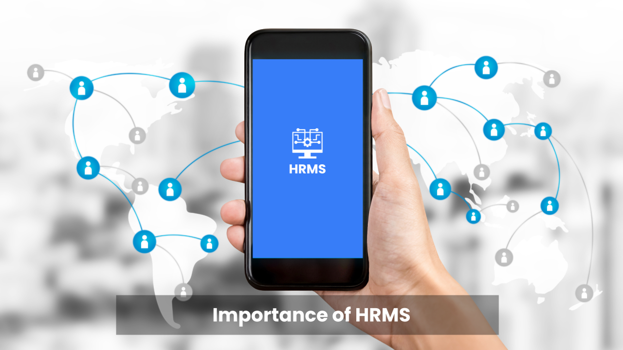 Importance of HRMS illustrated with a mobile HRMS interface on a smartphone, showing global connectivity icons to highlight essential HRMS features and workforce management.